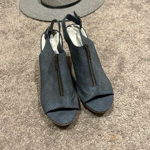 Denim blue cork wedges